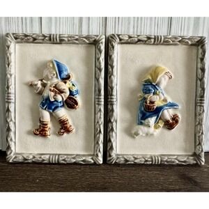 2 Vintage Porcelain Hummel Inspired Boy Girl Kids 3D Handpainted Wall Plaques